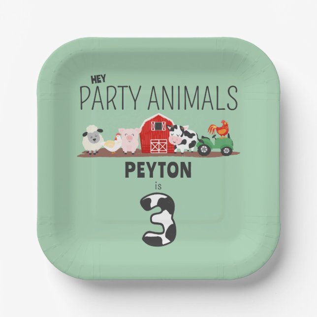 3rd Birthday Party Animals Farm Birthday Kids Paper Plate (Front)
