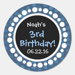 3rd Birthday Party Blue Flowers and Polka Dots Classic Round Sticker