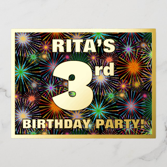 3rd Birthday Party: Bold, Colourful Fireworks Look Foil Invitation Postcard (Front)