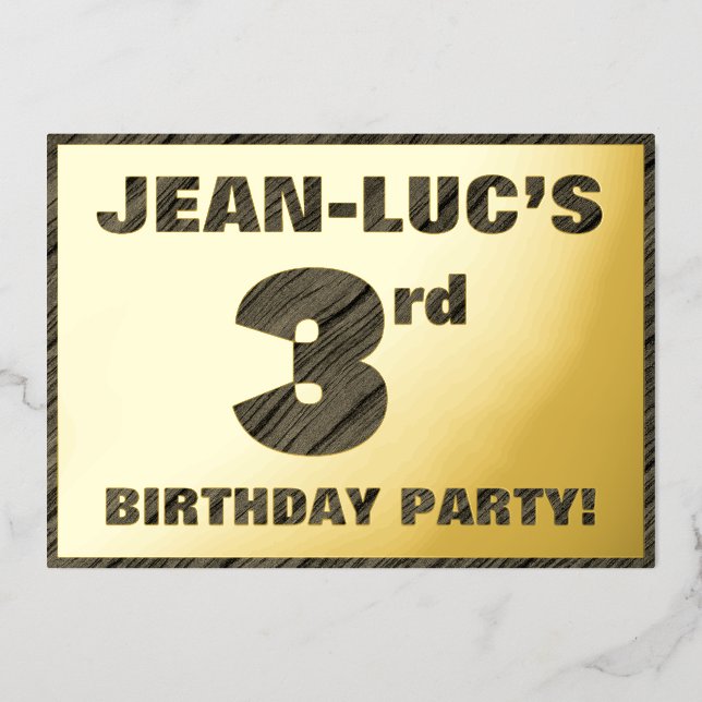 3rd Birthday Party — Bold, Faux Wood Grain Text (Front)