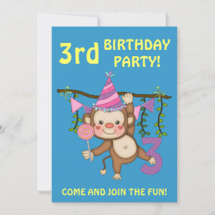 3rd Birthday Party-Cute Monkey+Colourful Balloons Invitation
