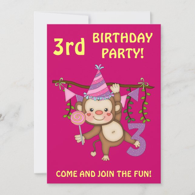 3rd Birthday Party-Cute Monkey+Colourful Balloons Invitation (Front)
