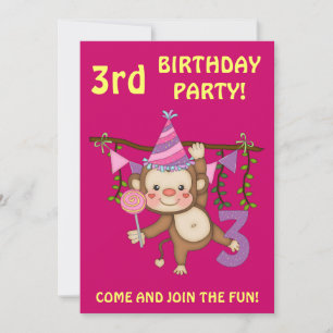 3rd Birthday Party-Cute Monkey+Colourful Balloons Invitation
