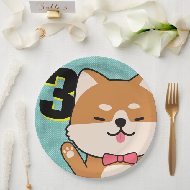 3rd Birthday Party Cute Shiba Inu Puppy Aiko Paper Plate (Wedding)