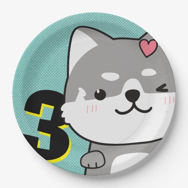3rd Birthday Party Cute Shiba Inu Puppy Kiki Paper Plate (Front)