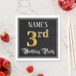 3rd Birthday Party — Fancy Script, Faux Gold Look Napkin