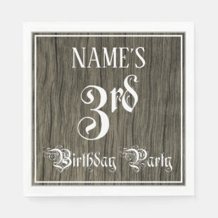 3rd Birthday Party — Fancy Script, Faux Wood Look Napkin