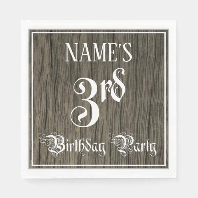 3rd Birthday Party — Fancy Script, Faux Wood Look Napkin (Front)
