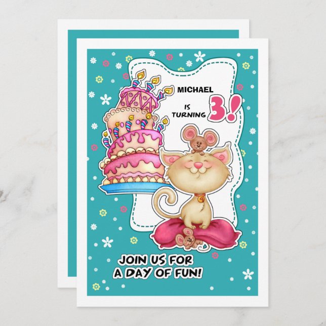 3rd Birthday Party | Fun Kitty & Mice Custom Invitation (Front/Back)