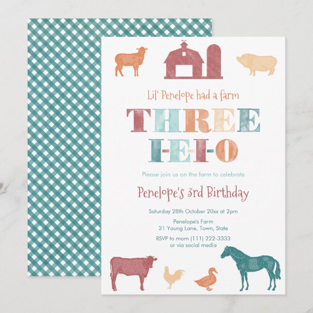 3rd Birthday Party Gender Neutral Three IEIO Farm Invitation (Front/Back)