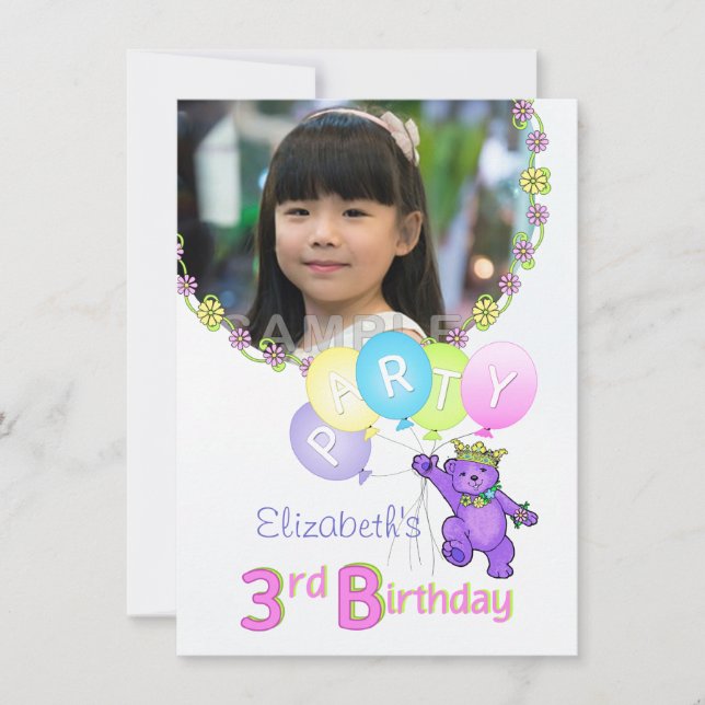3rd Birthday Party Princess Bear Custom Photo Invitation (Front)