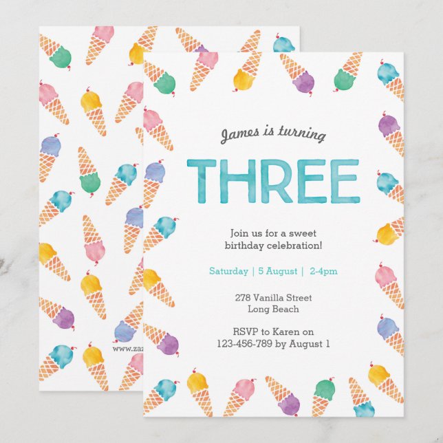 3rd Birthday Party | Rainbow Ice cream invitation (Front/Back)