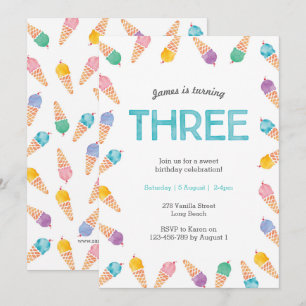 3rd Birthday Party   Rainbow Ice cream invitation