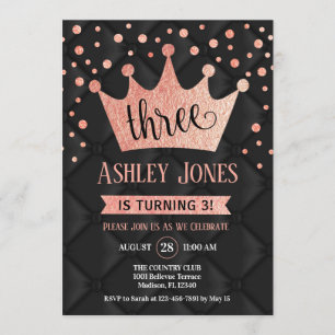 3rd Birthday Party - Royal Black Rose Gold Invitation