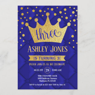 3rd Birthday Party - Royal Blue Gold Invitation