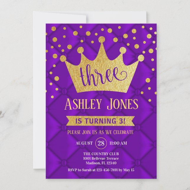 3rd Birthday Party - Royal Purple Gold Invitation (Front)