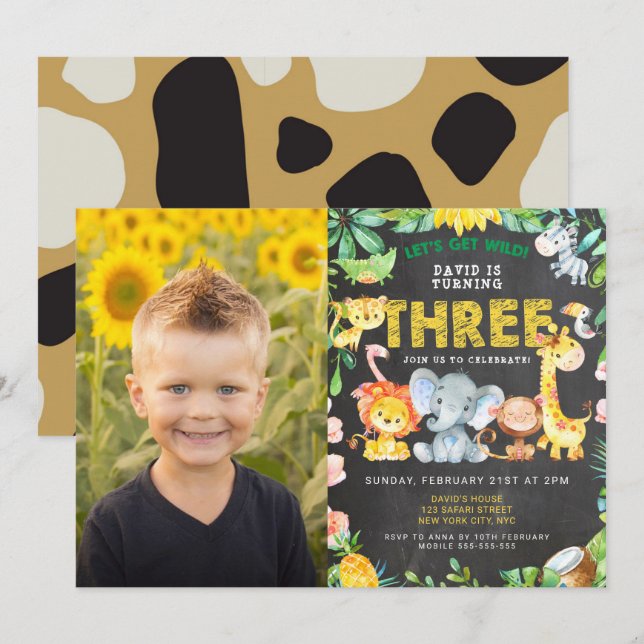 3rd Birthday Party Safari Jungle Animals Boy Photo Invitation (Front/Back)