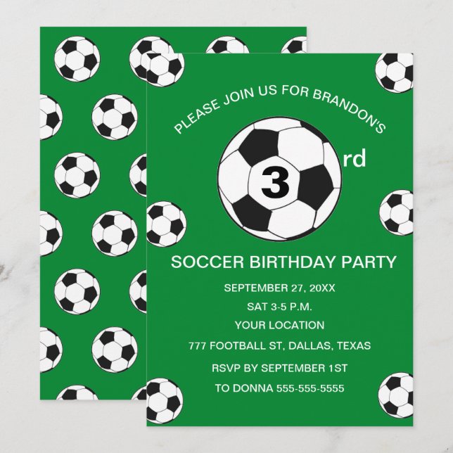 3rd Birthday Party Soccer Green Boys Sports Invitation (Front/Back)