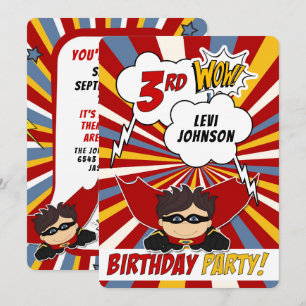 3rd Birthday Party Superhero Red Comic for Boys Invitation