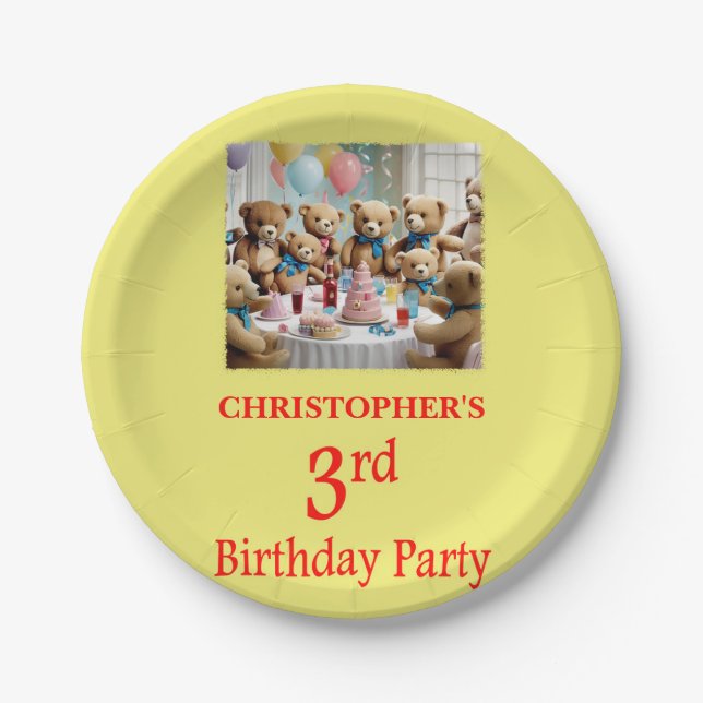 3rd Birthday Party Teddy Bears Party Paper Plate (Front)
