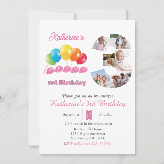 3rd birthday photo collage number 3 Girl Invitation (Front)