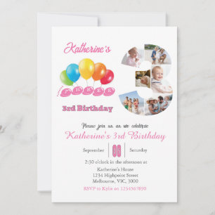 3rd birthday photo collage number 3 Girl Invitation
