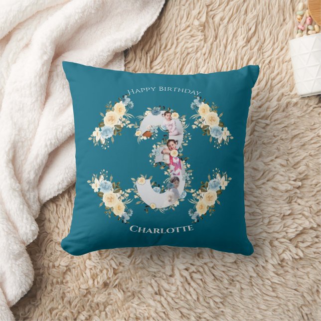 3rd Birthday Photo Collage Teal Blue Yellow Flower Cushion (Blanket)
