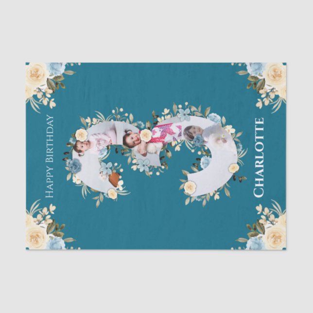 3rd Birthday Photo Collage Teal Blue Yellow Flower Tissue Paper (Front)