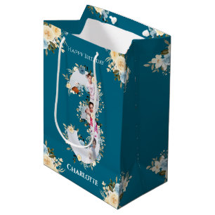 3rd Birthday Photo Teal Collage Blue Yellow Flower Medium Gift Bag
