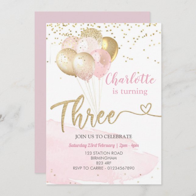 3rd Birthday Pink and Gold Balloons  Invitation (Front/Back)