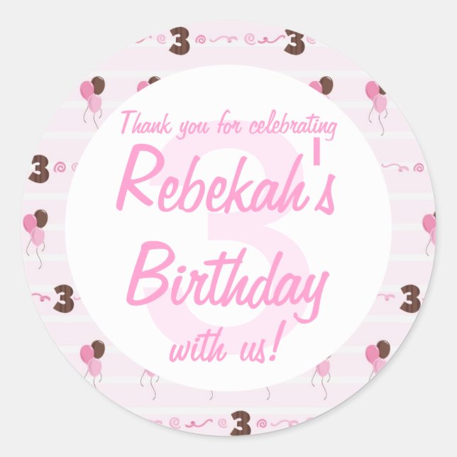 3rd Birthday Pink Balloons and Swirls Thank You Classic Round Sticker (Front)