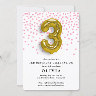 3rd Birthday Pink Confetti and Gold Balloon Invitation