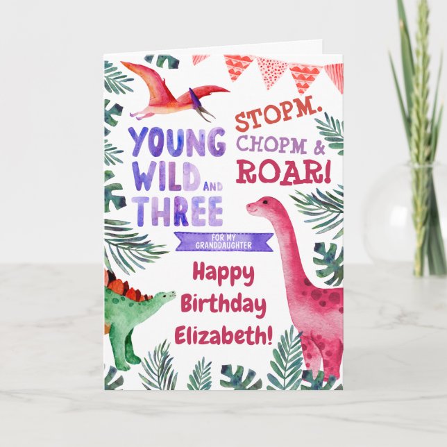 3rd Birthday Pink Dinosaur For Granddaughter Card (Front)