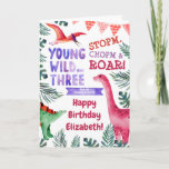 3rd Birthday Pink Dinosaur For Granddaughter Card<br><div class="desc">watercolor painted "young wild and three",  dinosaurs -for my granddaughter personalised name birthday card</div>