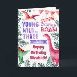 3rd Birthday Pink Dinosaur For Granddaughter Card<br><div class="desc">watercolor painted "young wild and three",  dinosaurs -for my granddaughter personalised name birthday card</div>
