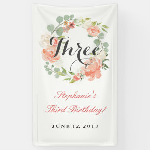 3rd Birthday Pink Floral Wreath Three Banner