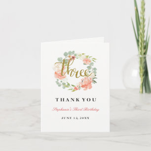 3rd Birthday Pink Gold Floral Wreath Thank You Card