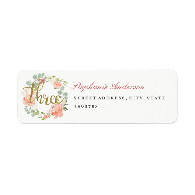 3rd Birthday Pink Gold Wreath Address Label (Front)