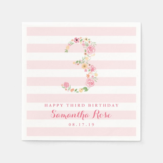 3rd Birthday Pink Stripe & Watercolor Floral THREE Napkin (Front)