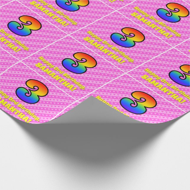 3rd Birthday: Pink Stripes & Hearts, Rainbow # 3 Wrapping Paper (Corner)