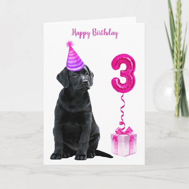 3rd Birthday Puppy Theme- Cute Dog Pink Girl Pawty Card (Front)