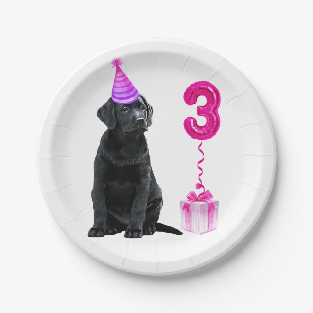 3rd Birthday Puppy Theme- Cute Dog Pink Girl Pawty Paper Plate (Front)