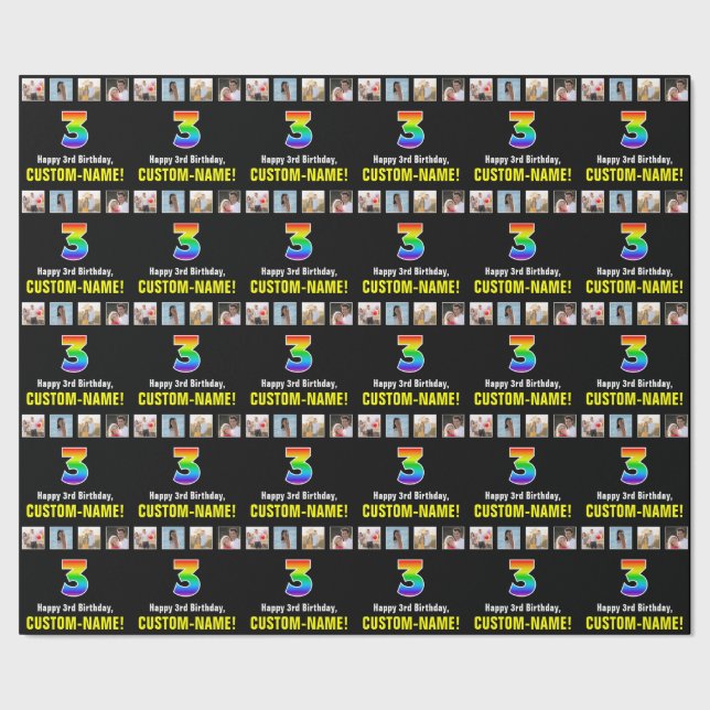 3rd Birthday: Rainbow “3“; Custom Photos & Name Wrapping Paper (Seam)