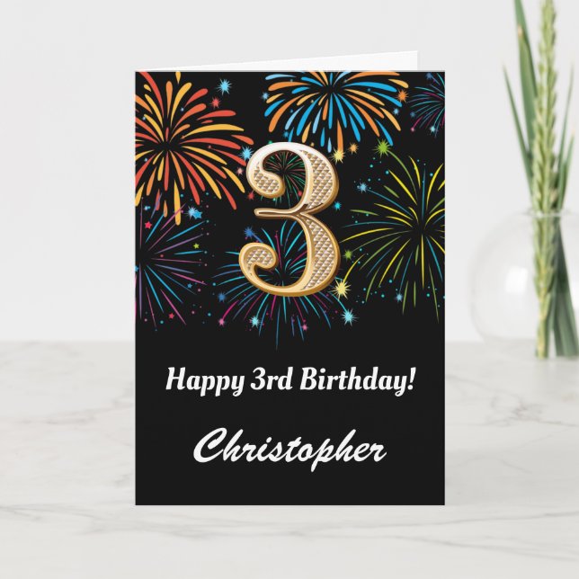 3rd Birthday Rainbow Fireworks Black and Gold Card (Front)