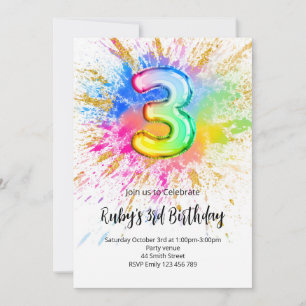 3rd Birthday Rainbow Paint Splash Invitation