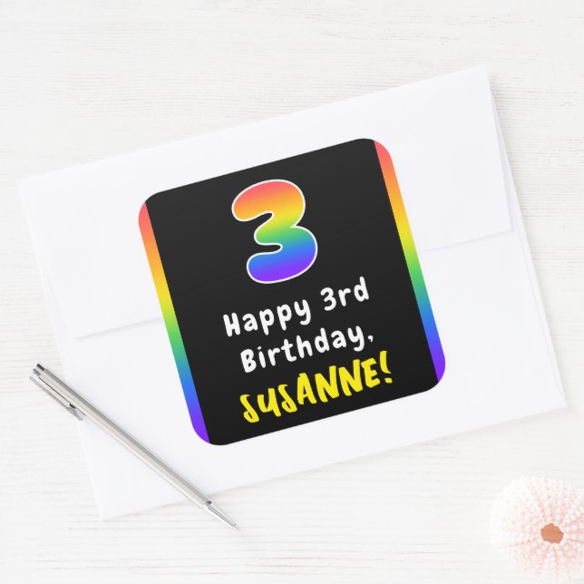 3rd Birthday: Rainbow Spectrum # 3, Custom Name Square Sticker (Envelope)