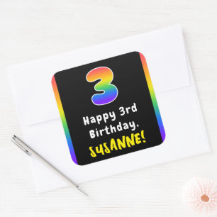 3rd Birthday: Rainbow Spectrum # 3, Custom Name Square Sticker