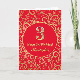 3rd Birthday Red and Gold Floral Pattern Card