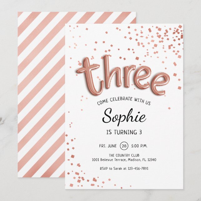 3rd Birthday - Rose Gold White Invitation (Front/Back)