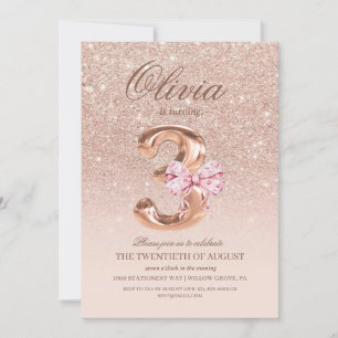 3rd Birthday Rose Pink Gold Bow Birthday Party Invitation